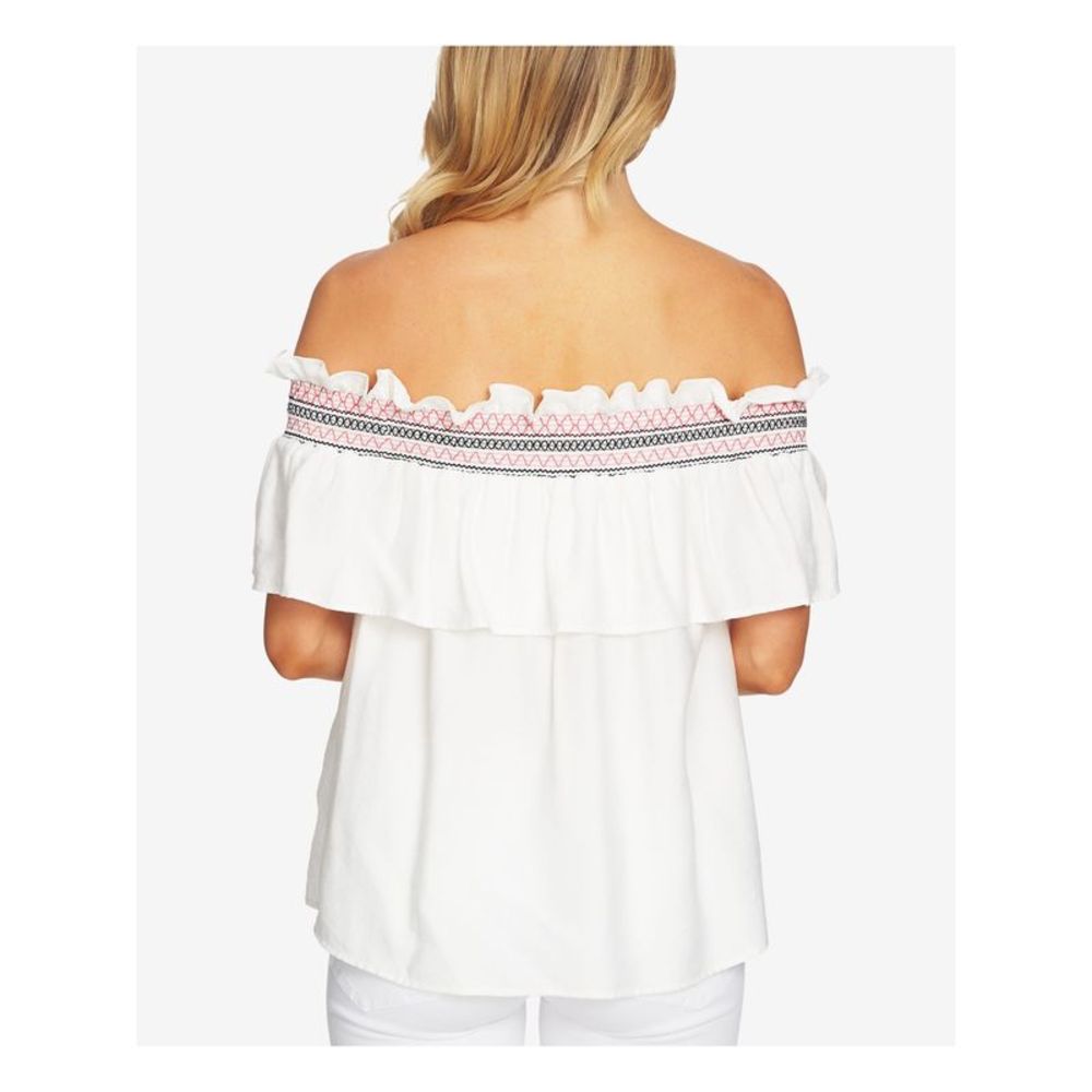 CECE Womens Ivory Embroidered  Trim Short Sleeve Off Shoulder Blouse S - Picture 2 of 2